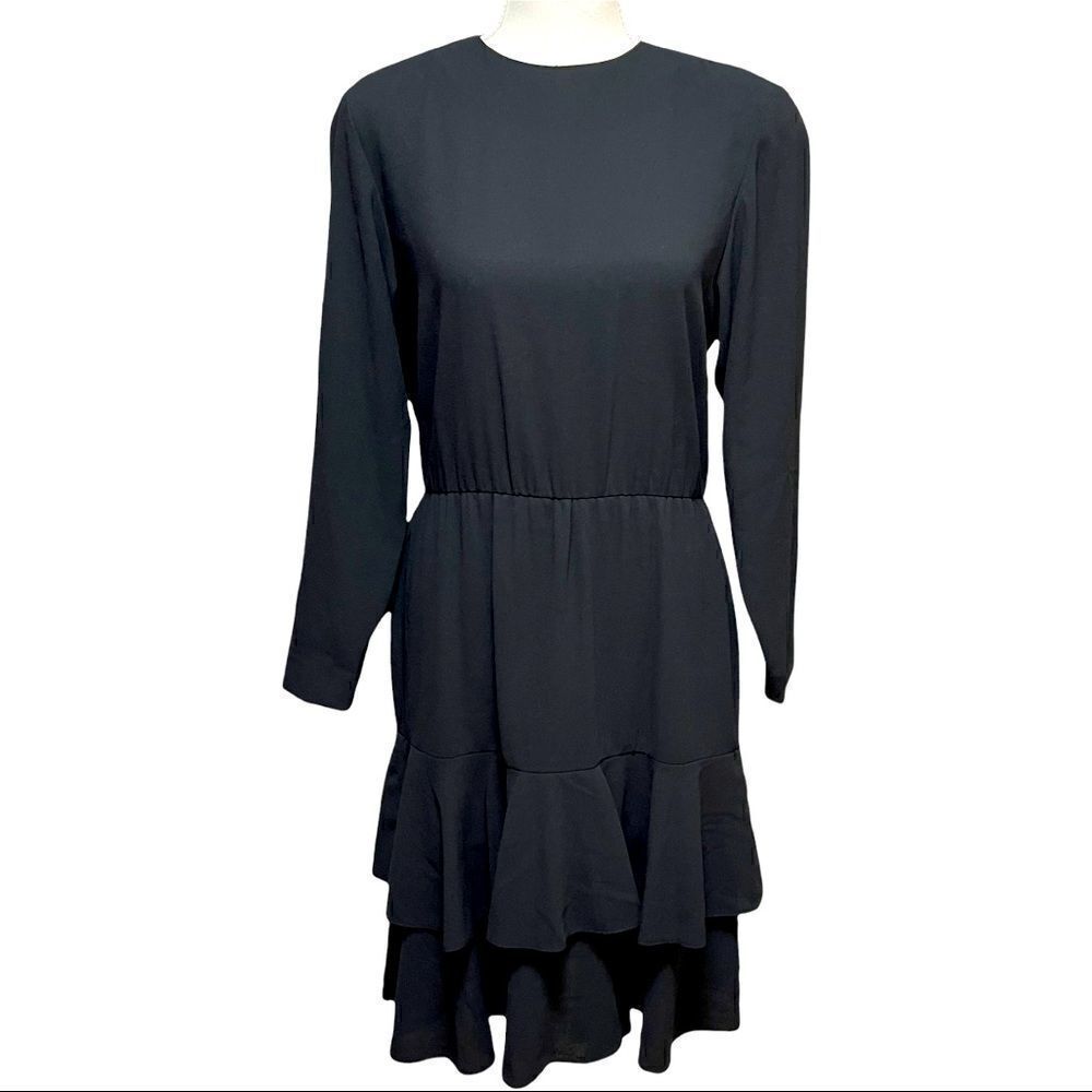 Liz Claiborne Vintage Black Long Sleeve Layered Ruffle Back Button Dress Sz 4